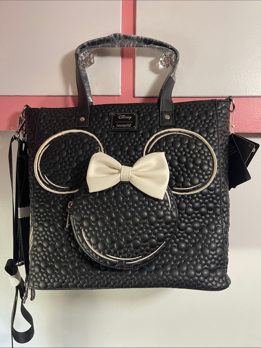 Loungefly Black Quilted Minnie Tote with Cream Bow Accent